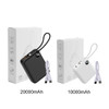 A black and white power bank with a cable, displayed beside their packaging. The black one is labelled 20000mAh and the white one 10000mAh.