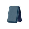 A navy blue PU foldable magnetic card holder with a phone stand feature. It has a smooth texture and a logo.
