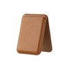 A tan PU foldable magnetic card holder with a phone stand feature, showcasing a sleek and minimal design.