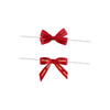 Two red ribbon bows featuring embossed text on a white twist tie.
