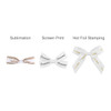 Three adhesive bows in white, featuring different designs: a checked pattern, text in black, and hot foil stamping details.