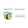 A custom acrylic name badge featuring a bee design in yellow, black, and blue with an epoxy dome finish.