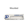 A custom reusable metal name badge in silver with a logo and a clear display area for names.