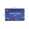 A custom PVC name badge in blue, featuring a logo and a name with a title. Dimensions are 85mm by 55mm.