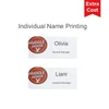 A custom PVC name badge displayed in white with a logo at the top and spaces for names and titles.