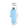 A drink bottle in light blue with a gold lid and a handle, marked as 900ml. Features a logo.