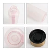 A drink bottle in a soft pink colour with a black lid, featuring a handle and a logo.