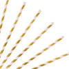 A group of white and gold striped paper straws arranged diagonally. The straws have a logo on them.