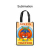 A small tote bag with a vibrant design featuring cartoon cherries and a bold, colourful background. It has a logo.