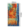 A vibrant, patterned gaiter featuring blues, oranges, and yellows, depicting a nature scene with trees and foliage.