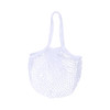 A white mesh grocery bag with two handles, featuring an open, net-like design.