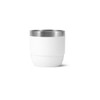A drink bottle featuring a white exterior with a stainless steel top and a smooth finish. It includes a logo.