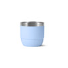 A drink bottle in light blue with a stainless steel rim and a smooth, curved design. It features a logo.