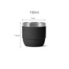 A drink bottle in black with a stainless steel rim, featuring dimensions of 7 cm in diameter and 7.4 cm in height.