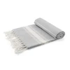 A grey towel with a white stripe pattern and fringed edges, neatly rolled and folded.