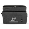 A grey insulated cooler bag with a zippered top and a front pocket, featuring a logo.