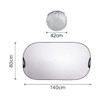 A light-blocking car sun shade in silver with black trim, featuring dimensions of 140cm by 80cm and a compact storage size of 42cm.