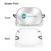 An aluminum car snow cover with a silver reflective front and a white back, featuring a logo.