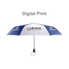 A 21'' automatic open and close umbrella in blue and white with a logo printed on the canopy.