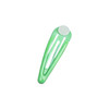 A green hair clip with a circular top and a sleek design, featuring a logo on the surface.
