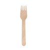 A wooden fork with a smooth finish and light natural colour, part of a disposable cutlery set.