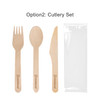 A set of disposable wooden cutlery featuring a fork, spoon, and knife, packaged in a clear sleeve.
