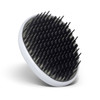A round hair detangler with black bristles and a white base, designed for easy handling and use.