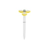A fidget pen with a white body and yellow spinning top, featuring a shiny silver centre. It has a logo.