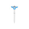 A white pen with a blue spinner top, featuring three white pads and a metal button in the centre.