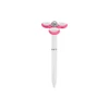 A fidget pen in white with pink accents, featuring a spinning top design and a silver accent. It has a logo.