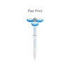 A fidget pen in white with blue accents and three circular tops, featuring a logo on the barrel.