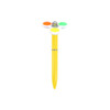 A fidget pen in bright yellow with three colourful fidget buttons: orange, green, and white. It features a logo.