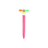 A pink fidget pen with a spinning top featuring coloured buttons in orange, yellow, green, and white.