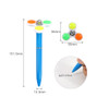 A blue pen featuring a spinning top design with yellow, green, and orange accents, and a refillable 0.5mm nib.