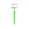 A fidget pen featuring a bright green barrel and a spinning top with orange, yellow, and green accents. It has a logo.