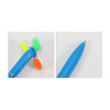 A blue pen with a spinning fidget topper featuring green, yellow, orange, and white sections. It includes a silver clip.