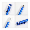 A blue 3-in-1 QR code pen featuring a clip, stylus tip, and silver detailing. Includes a branding logo.