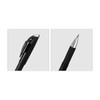 A black pen with a silver tip and clip, featuring a simple design and a logo on the body.