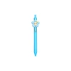 A blue pen with a flower-shaped top and a yellow smiling face, featuring a clip. It has a logo on the barrel.