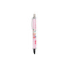 A pink ballpoint pen with a patterned barrel and a shiny chrome tip. Features a logo on the side.