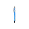 A ballpoint pen with a blue barrel featuring a colourful design and a clip at the top. It has a logo on it.