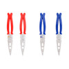 A plier-shaped ballpoint pen featuring red and blue handles, with silver metal detailing. It has a logo on one side.