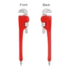 A red pipe wrench-shaped ballpoint pen featuring a silver detailing and a logo on one side.