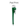 A green pipe wrench-shaped ballpoint pen with silver detailing, featuring a logo.