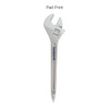 A spanner-shaped ballpoint pen in silver with a branding logo.