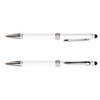A metal pen with a sleek white body and chrome accents, featuring a smooth writing tip and a stylus for touchscreens.