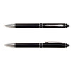 A metal pen set featuring sleek black finishes with silver detailing and a logo.
