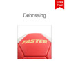 A red handball with white accents and a branding logo. It features a debossed design.