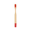 A small round handle bamboo toothbrush featuring a red bristle head and a red-painted handle. It has a branding logo.