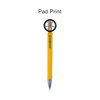 A yellow pen shaped like a tire, featuring a black wheel design and a logo.